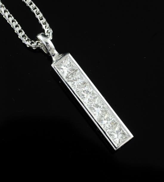 A modern Theo Fennell 18ct white gold and six stone princess cut diamond set Strip pendant, pendant 25mm.